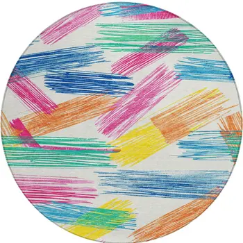 8' White Blue Yellow Orange And Pink Round Striped Washable Indoor Outdoor Area Rug