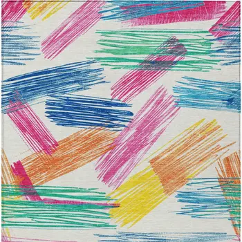 8' X 10' White Blue Yellow Orange And Pink Striped Washable Indoor Outdoor Area Rug