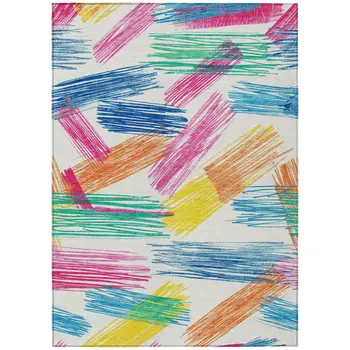 8' X 10' White Blue Yellow Orange And Pink Striped Washable Indoor Outdoor Area Rug
