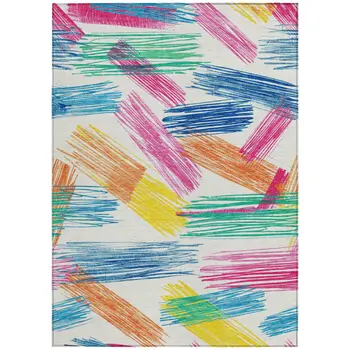 10' X 14' White Blue Yellow Orange And Pink Striped Washable Indoor Outdoor Area Rug