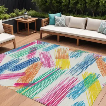 10' X 14' White Blue Yellow Orange And Pink Striped Washable Indoor Outdoor Area Rug
