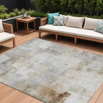10' X 14' Beige Gray And Khaki Abstract Washable Indoor Outdoor Area Rug