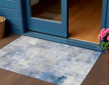 3' X 5' Denim Blue Gray And Ivory Abstract Washable Indoor Outdoor Area Rug