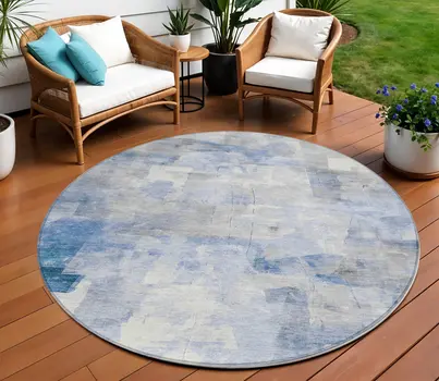 8' Denim Blue Gray And Ivory Round Abstract Washable Indoor Outdoor Area Rug