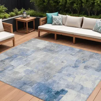 9' X 12' Denim Blue Gray And Ivory Abstract Washable Indoor Outdoor Area Rug