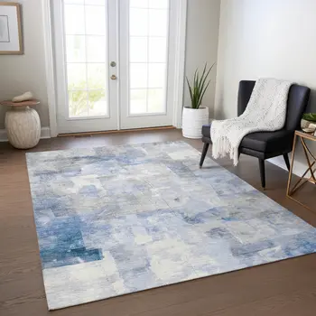 10' X 14' Denim Blue Gray And Ivory Abstract Washable Indoor Outdoor Area Rug