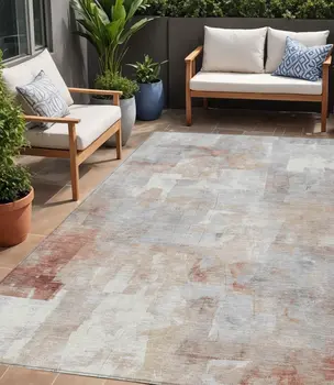 5' X 8' Rust Gray And Silver Abstract Washable Indoor Outdoor Area Rug