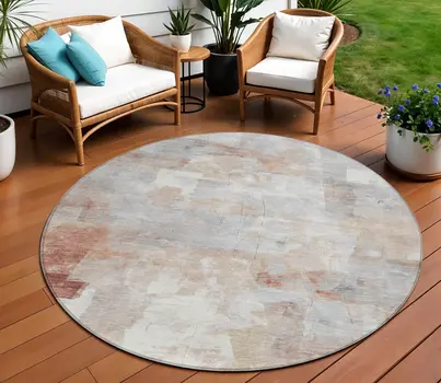 8' Rust Gray And Silver Round Abstract Washable Indoor Outdoor Area Rug