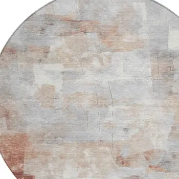 8' Rust Gray And Silver Round Abstract Washable Indoor Outdoor Area Rug
