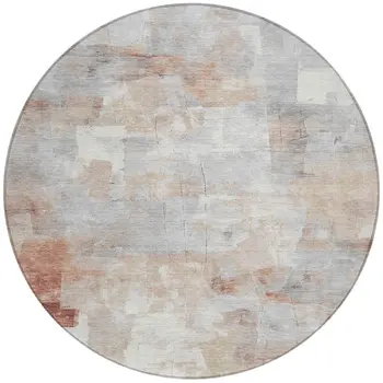 8' Rust Gray And Silver Round Abstract Washable Indoor Outdoor Area Rug