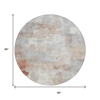8' Rust Gray And Silver Round Abstract Washable Indoor Outdoor Area Rug