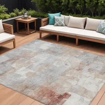10' X 14' Rust Gray And Silver Abstract Washable Indoor Outdoor Area Rug