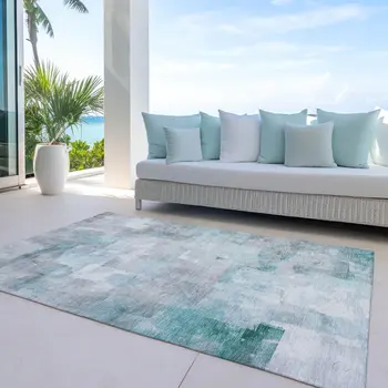 3' X 5' Teal Blue Gray And Silver Abstract Washable Indoor Outdoor Area Rug