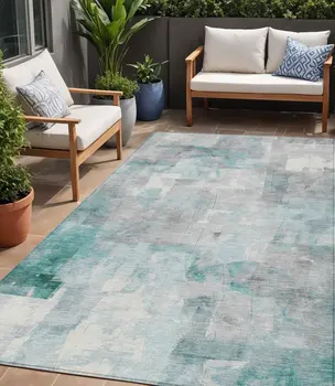 5' X 8' Teal Blue Gray And Silver Abstract Washable Indoor Outdoor Area Rug