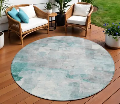8' Teal Blue Gray And Silver Round Abstract Washable Indoor Outdoor Area Rug