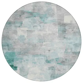 8' Teal Blue Gray And Silver Round Abstract Washable Indoor Outdoor Area Rug
