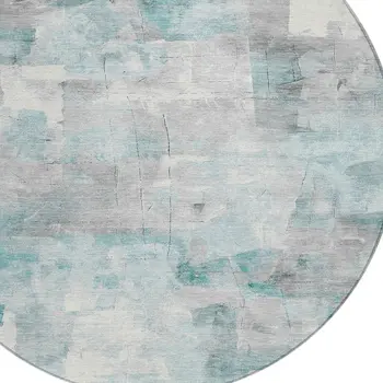 8' Teal Blue Gray And Silver Round Abstract Washable Indoor Outdoor Area Rug