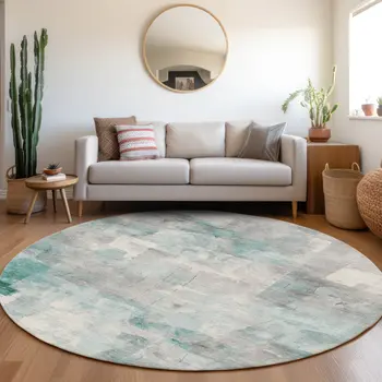 8' Teal Blue Gray And Silver Round Abstract Washable Indoor Outdoor Area Rug