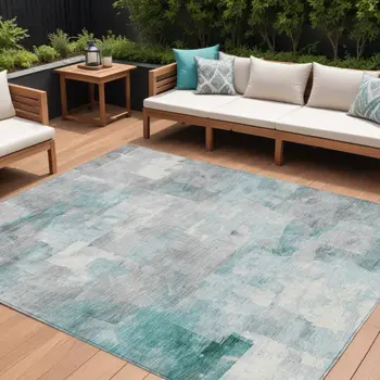 10' X 14' Teal Blue Gray And Silver Abstract Washable Indoor Outdoor Area Rug