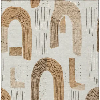 3' X 5' Ivory Khaki And Beige Geometric Washable Indoor Outdoor Area Rug