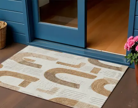 3' X 5' Ivory Khaki And Beige Geometric Washable Indoor Outdoor Area Rug