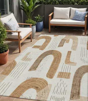 5' X 8' Ivory Khaki And Beige Geometric Washable Indoor Outdoor Area Rug