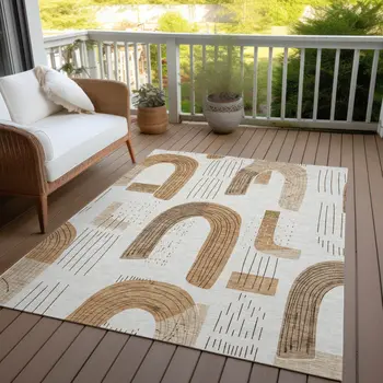 5' X 8' Ivory Khaki And Beige Geometric Washable Indoor Outdoor Area Rug