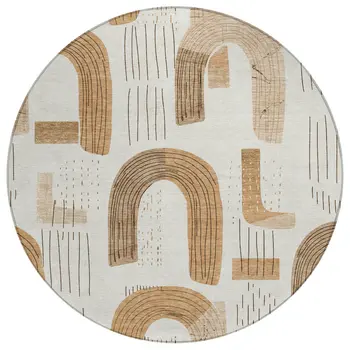 8' Ivory Khaki And Beige Round Geometric Washable Indoor Outdoor Area Rug
