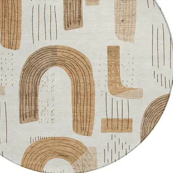 8' Ivory Khaki And Beige Round Geometric Washable Indoor Outdoor Area Rug