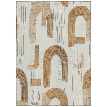 8' X 10' Ivory Khaki And Beige Geometric Washable Indoor Outdoor Area Rug