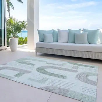 5' X 8' Mint Green And Gray Geometric Washable Indoor Outdoor Area Rug