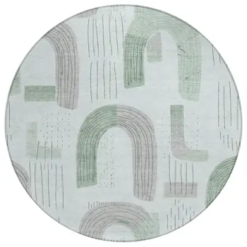 8' Mint Green And Gray Round Geometric Washable Indoor Outdoor Area Rug