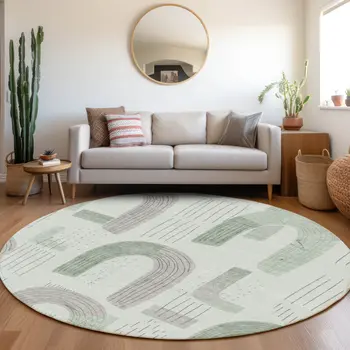 8' Mint Green And Gray Round Geometric Washable Indoor Outdoor Area Rug