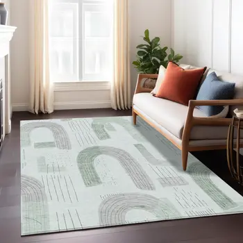 8' X 10' Mint Green And Gray Geometric Washable Indoor Outdoor Area Rug