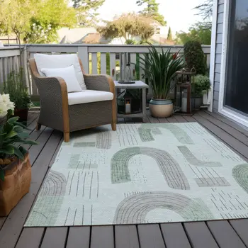 8' X 10' Mint Green And Gray Geometric Washable Indoor Outdoor Area Rug
