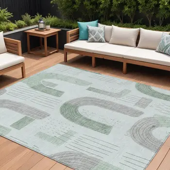 9' X 12' Mint Green And Gray Geometric Washable Indoor Outdoor Area Rug