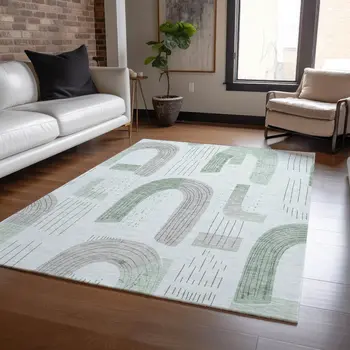 9' X 12' Mint Green And Gray Geometric Washable Indoor Outdoor Area Rug