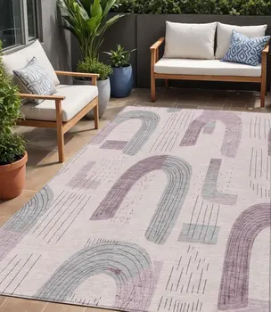 5' X 8' Pink And Gray Geometric Washable Indoor Outdoor Area Rug