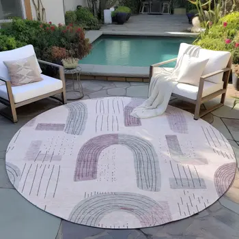 8' Pink And Gray Round Geometric Washable Indoor Outdoor Area Rug