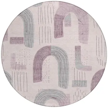 8' Pink And Gray Round Geometric Washable Indoor Outdoor Area Rug