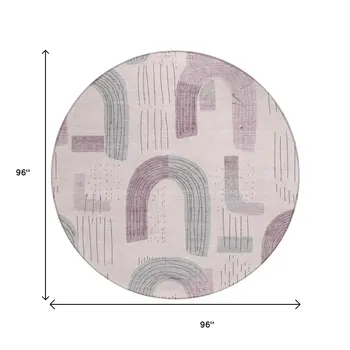8' Pink And Gray Round Geometric Washable Indoor Outdoor Area Rug