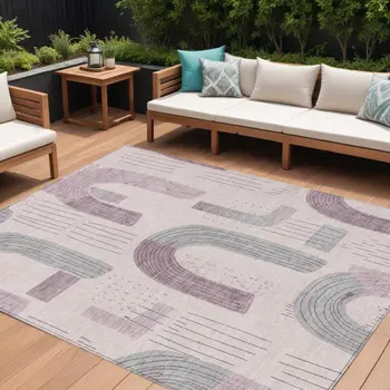 8' X 10' Pink And Gray Geometric Washable Indoor Outdoor Area Rug