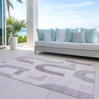 8' X 10' Pink And Gray Geometric Washable Indoor Outdoor Area Rug