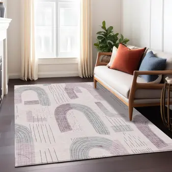 8' X 10' Pink And Gray Geometric Washable Indoor Outdoor Area Rug