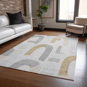 3' X 5' Silver And Gold Geometric Washable Indoor Outdoor Area Rug