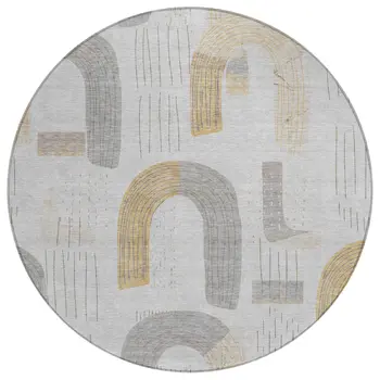 8' Silver And Gold Round Geometric Washable Indoor Outdoor Area Rug