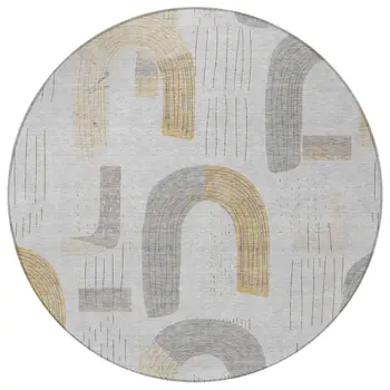 8' Silver And Gold Round Geometric Washable Indoor Outdoor Area Rug