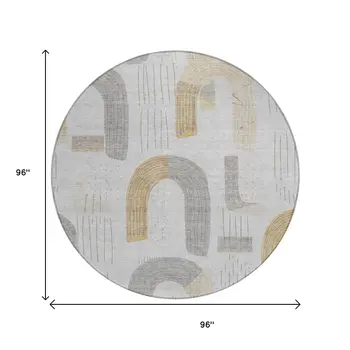 8' Silver And Gold Round Geometric Washable Indoor Outdoor Area Rug