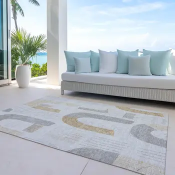 8' X 10' Silver And Gold Geometric Washable Indoor Outdoor Area Rug