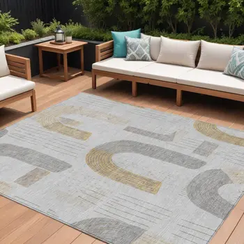 10' X 14' Silver And Gold Geometric Washable Indoor Outdoor Area Rug
